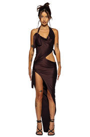 TIED UP ASYMMETRIC CUTOUT DRESS IN IRIDESCENT UMBER