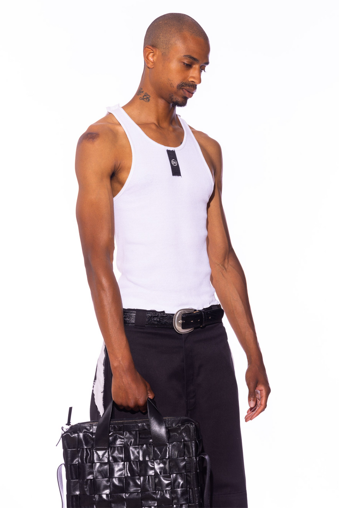 BLACK DENIM SCRAP TANK IN WHITE