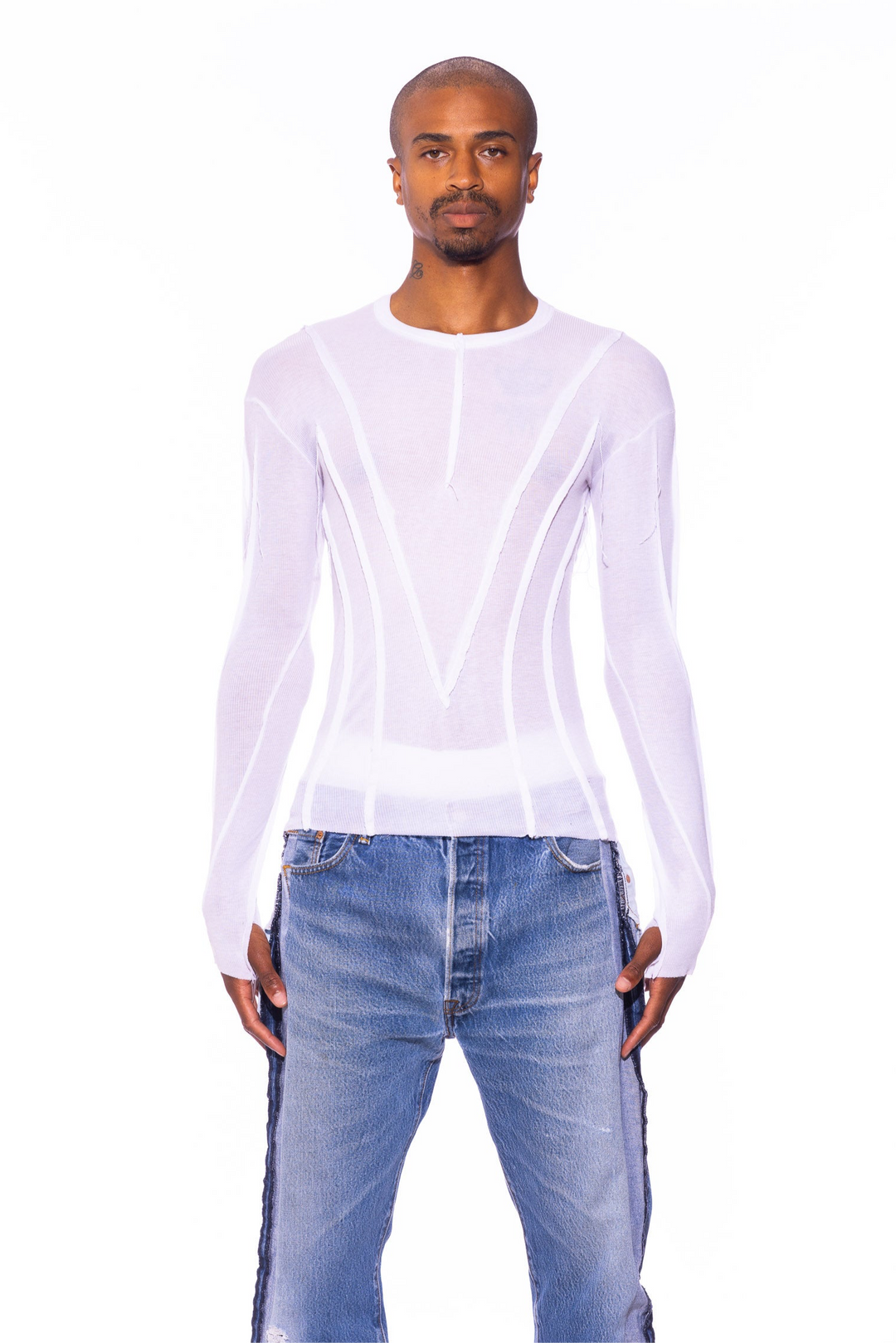 OPEN SEAM LONG SLEEVE TEE IN WHITE RIB