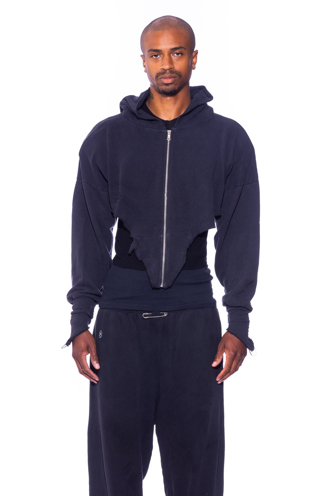 V CUT ZIP-UP HOODIE IN BLACK TERRY