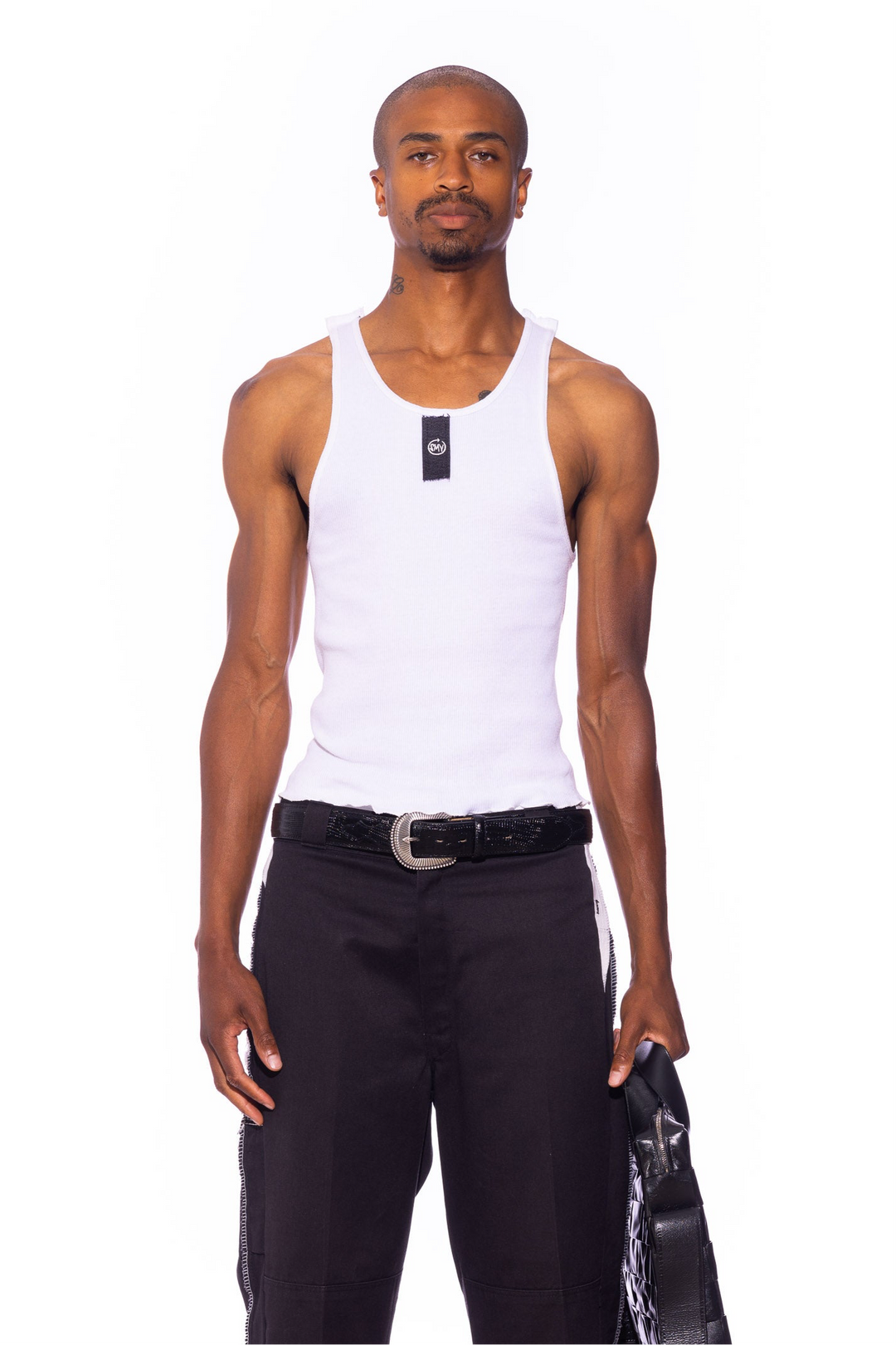 BLACK DENIM SCRAP TANK IN WHITE