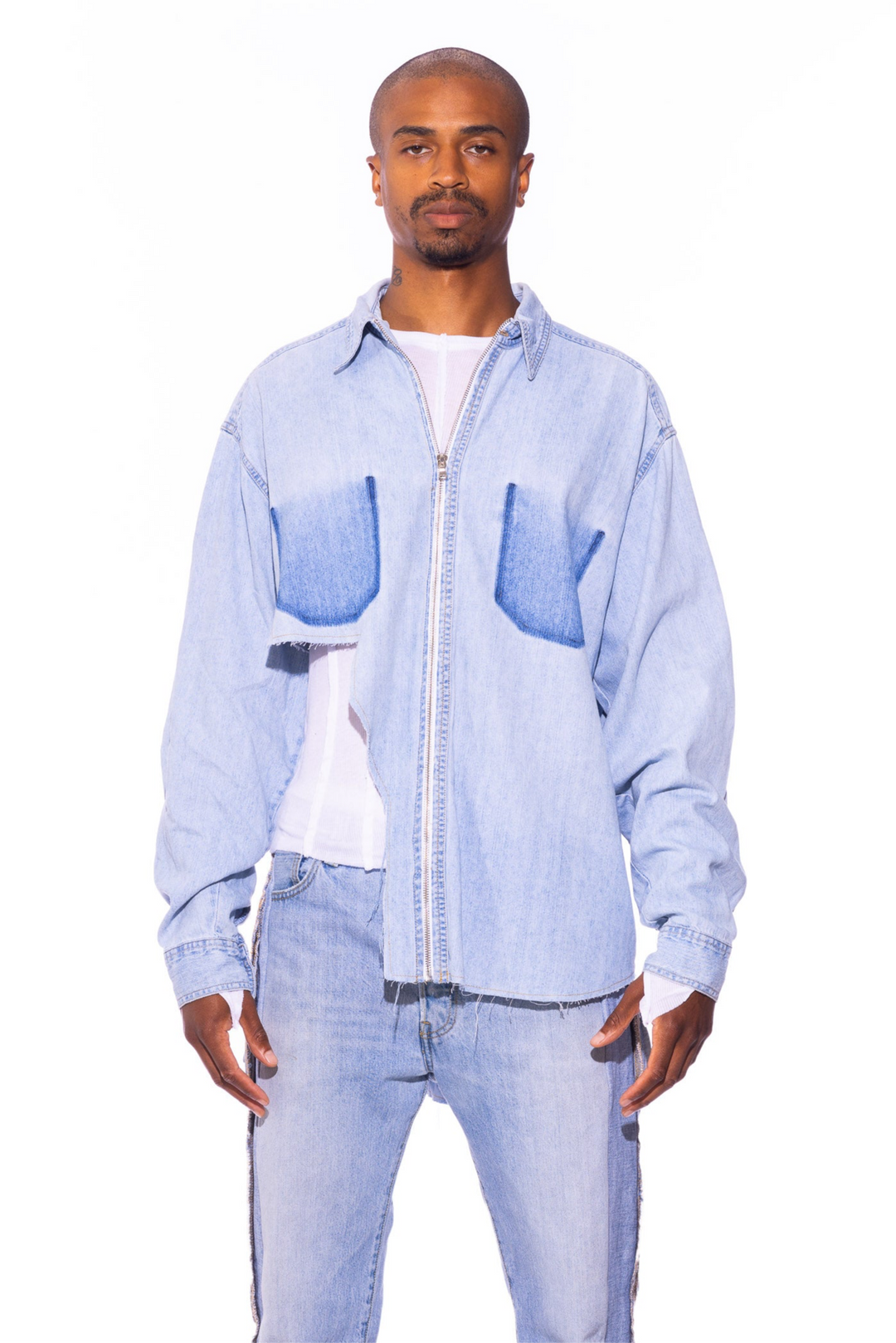 RAW ZIP-UP COLLARED SHIRT IN VINTAGE DENIM