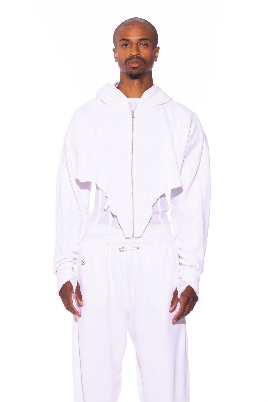 V CUT ZIP-UP HOODIE IN WHITE TERRY