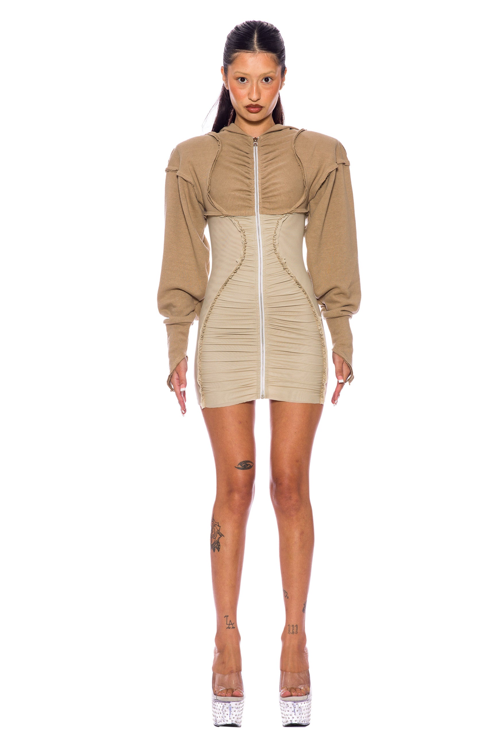 Sami Miro Vintage - OPEN SEAM ZIP HOODIE DRESS IN TAUPE – SAMI