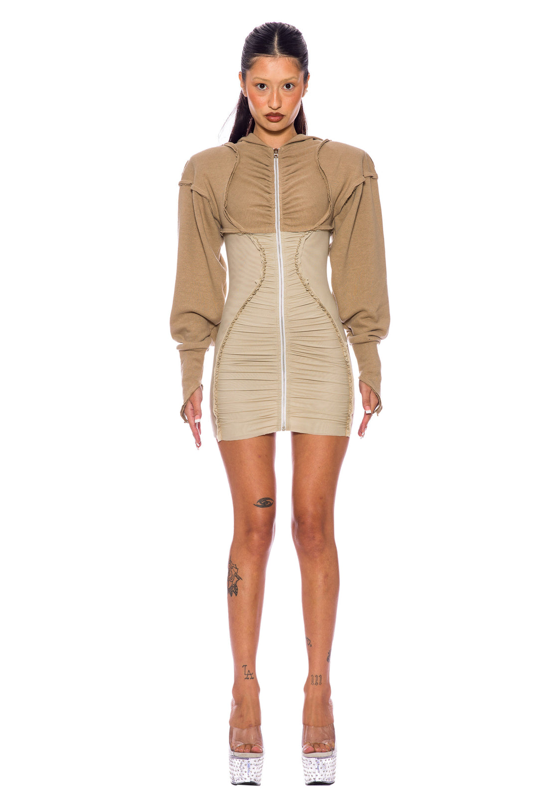 OPEN SEAM ZIP HOODIE DRESS IN TAUPE