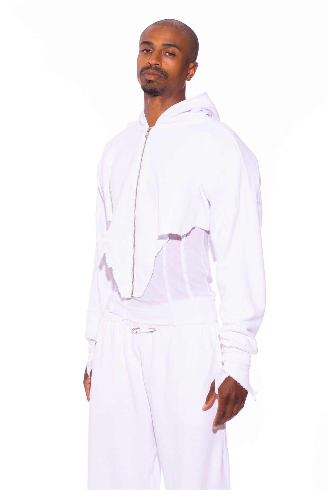 V CUT ZIP-UP HOODIE IN WHITE TERRY