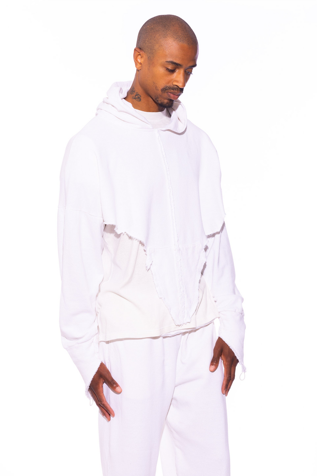 V CUT HOODIE IN WHITE TERRY