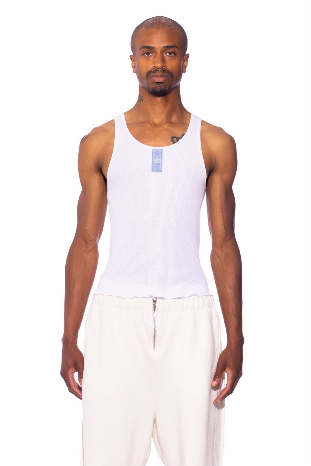 BLUE DENIM SCRAP TANK IN WHITE