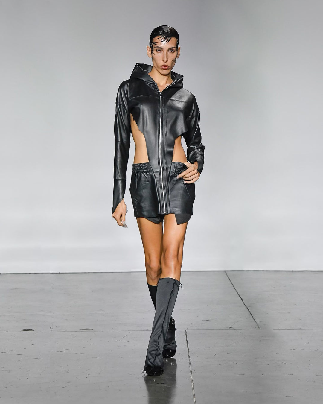 V CUT HOODIE DRESS IN BLACK LEATHER