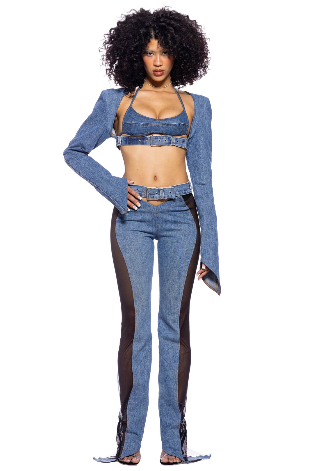 BELTED ASYMMETRIC PANTS IN VINTAGE BLUE DENIM