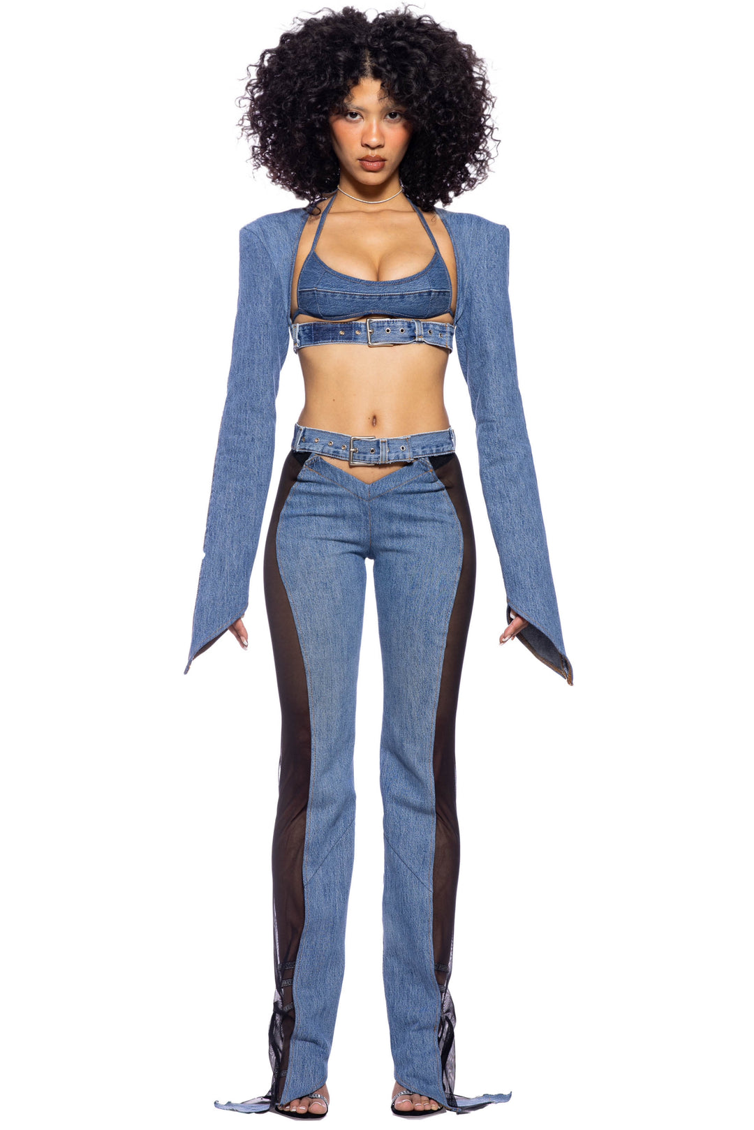 BELTED ASYMMETRIC PANTS IN VINTAGE BLUE DENIM