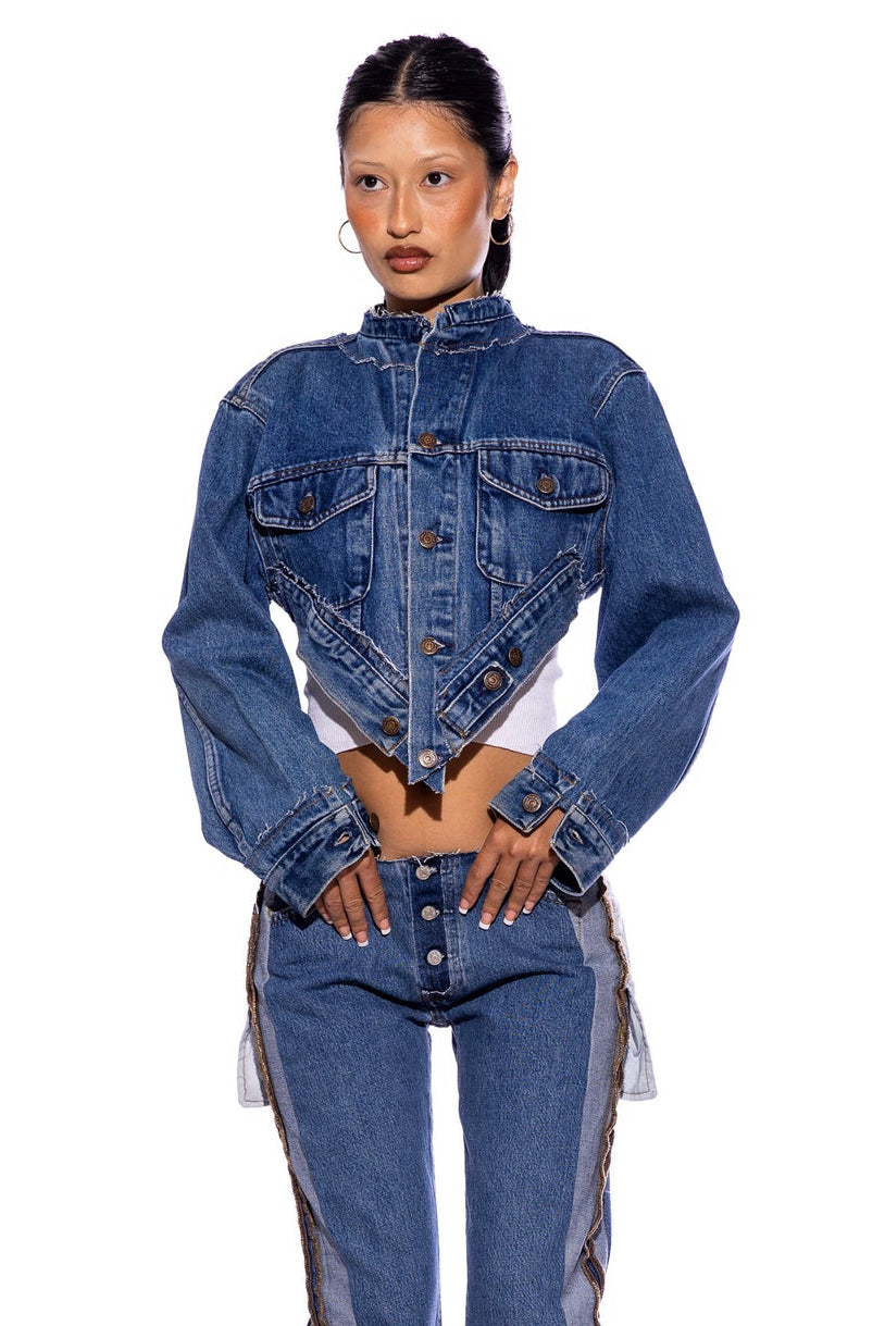 Sami Miro Vintage - V CUT JACKET IN VINTAGE BLUE DENIM – SAMI MIRO