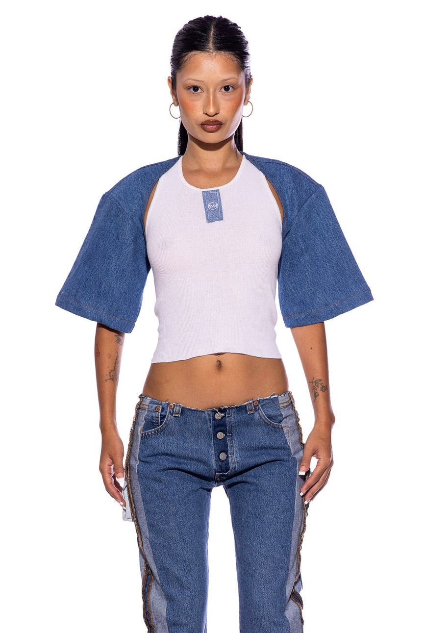 SHORT SLEEVE BOLERO IN VINTAGE DENIM