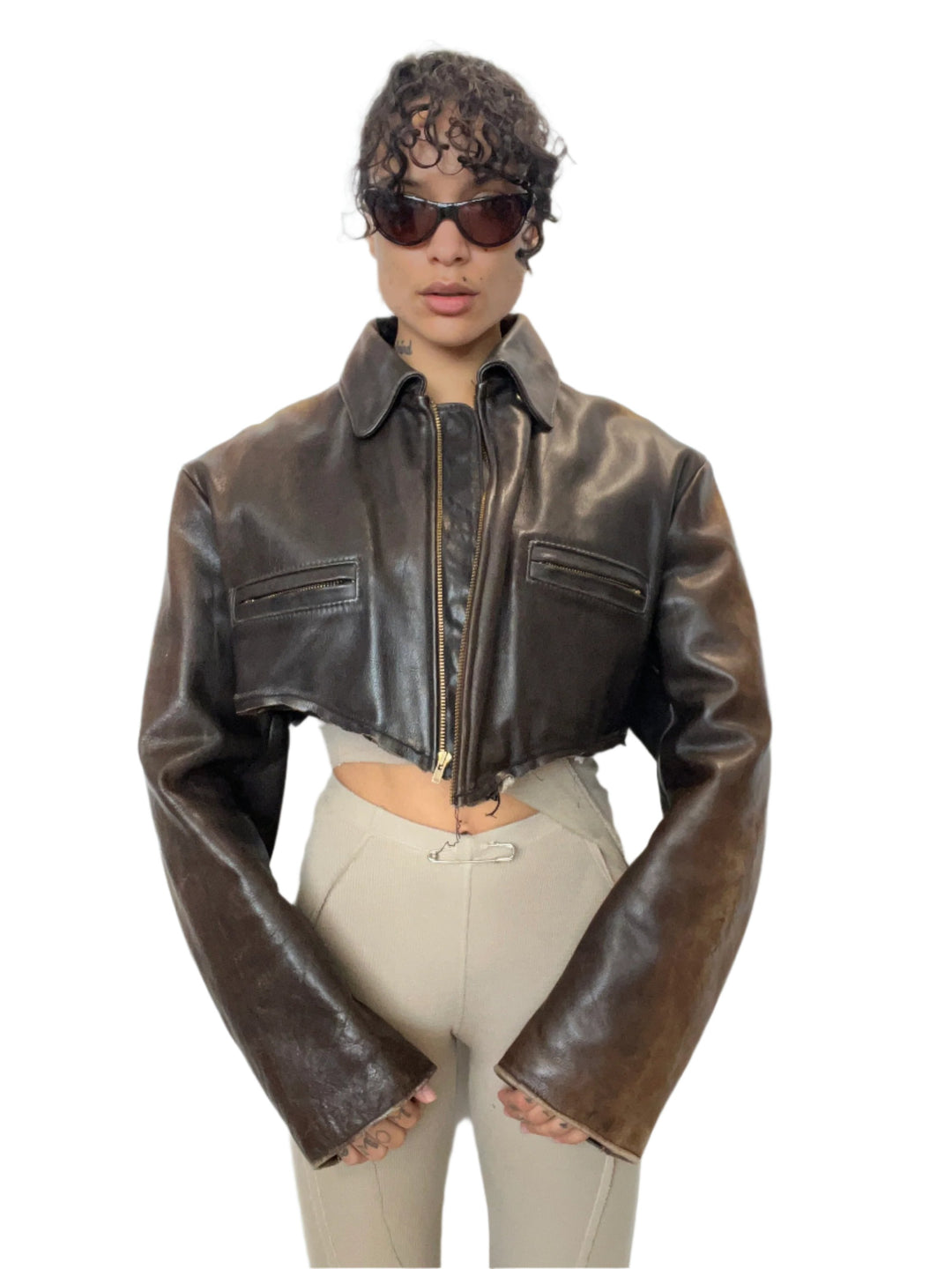 1/1 SMV V CUT JACKET IN BROWN LEATHER