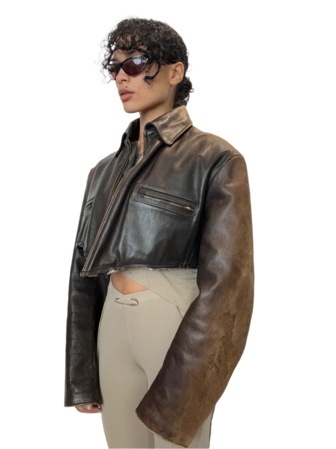 1/1 SMV V CUT JACKET IN BROWN LEATHER