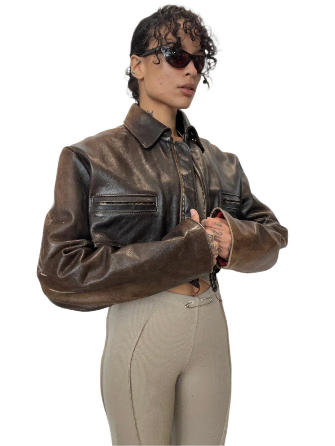 1/1 SMV V CUT JACKET IN BROWN LEATHER