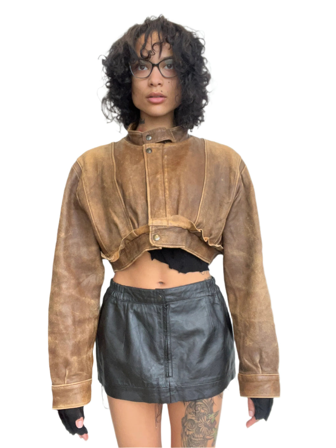 1/1 SMV CROPPED COLLARED V CUT JACKET IN BROWN LEATHER