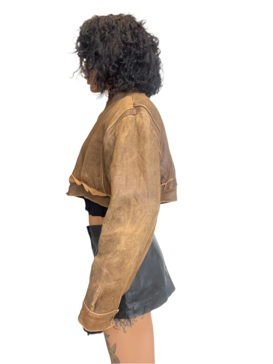 1/1 SMV CROPPED COLLARED V CUT JACKET IN BROWN LEATHER