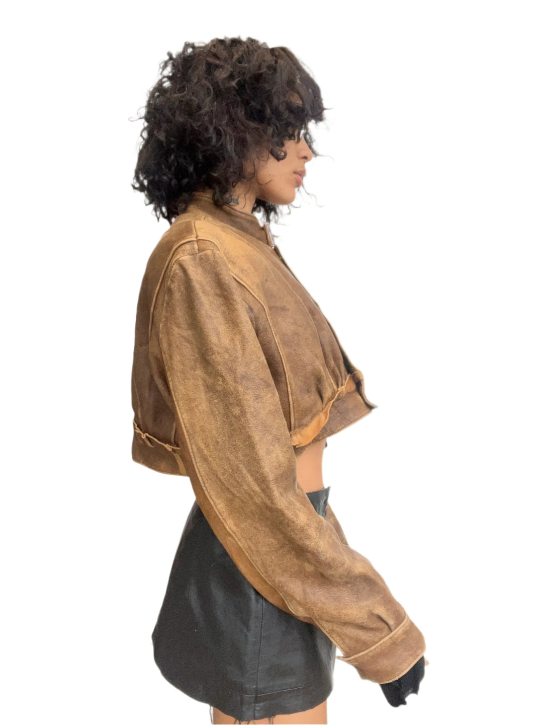 1/1 SMV CROPPED COLLARED V CUT JACKET IN BROWN LEATHER