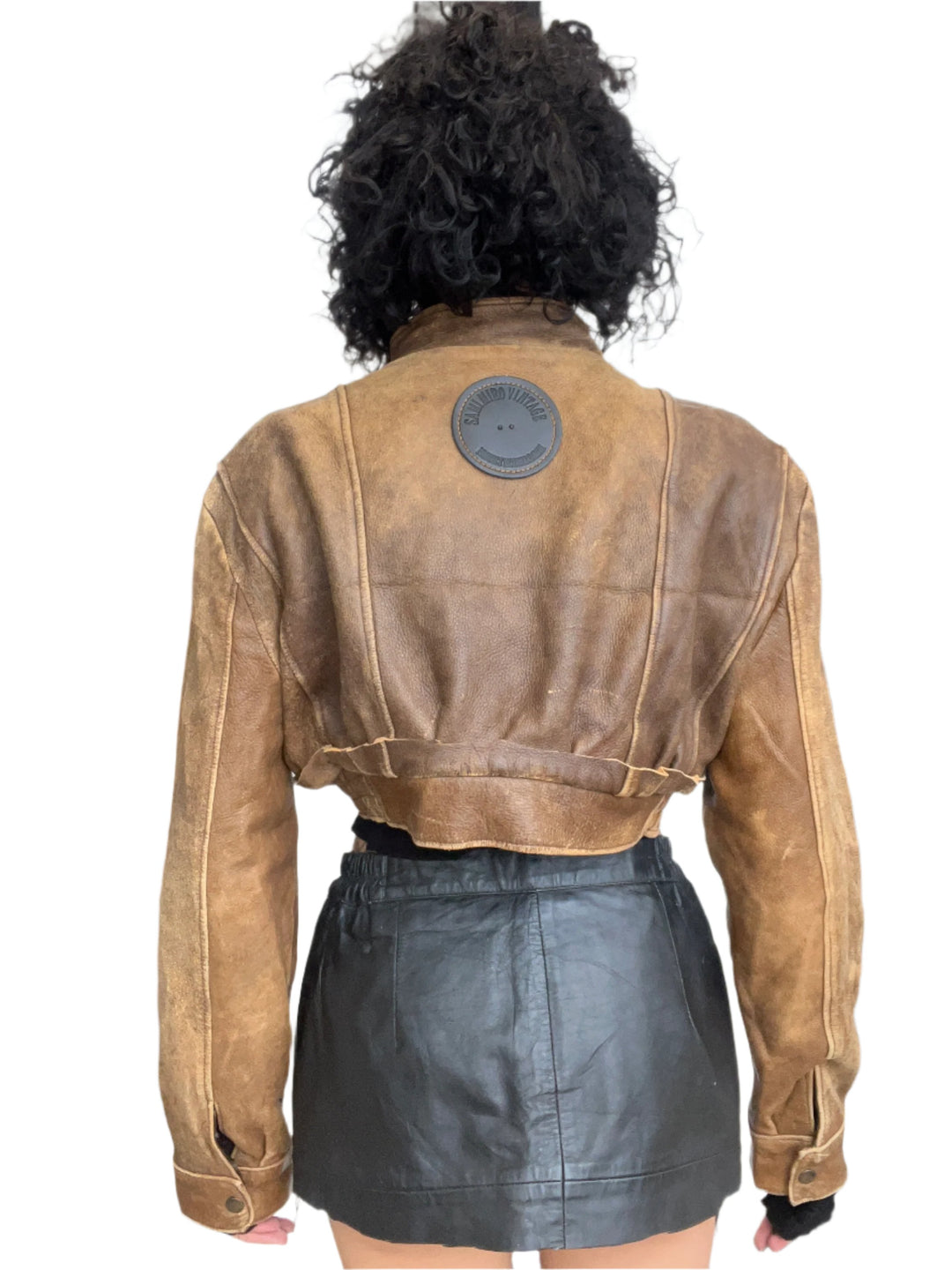 1/1 SMV CROPPED COLLARED V CUT JACKET IN BROWN LEATHER