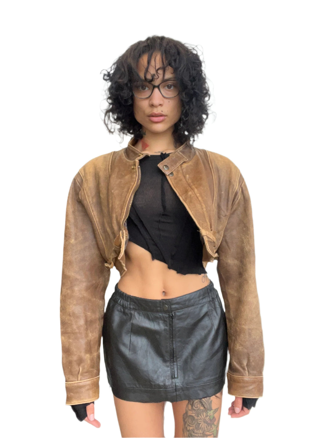 1/1 SMV CROPPED COLLARED V CUT JACKET IN BROWN LEATHER