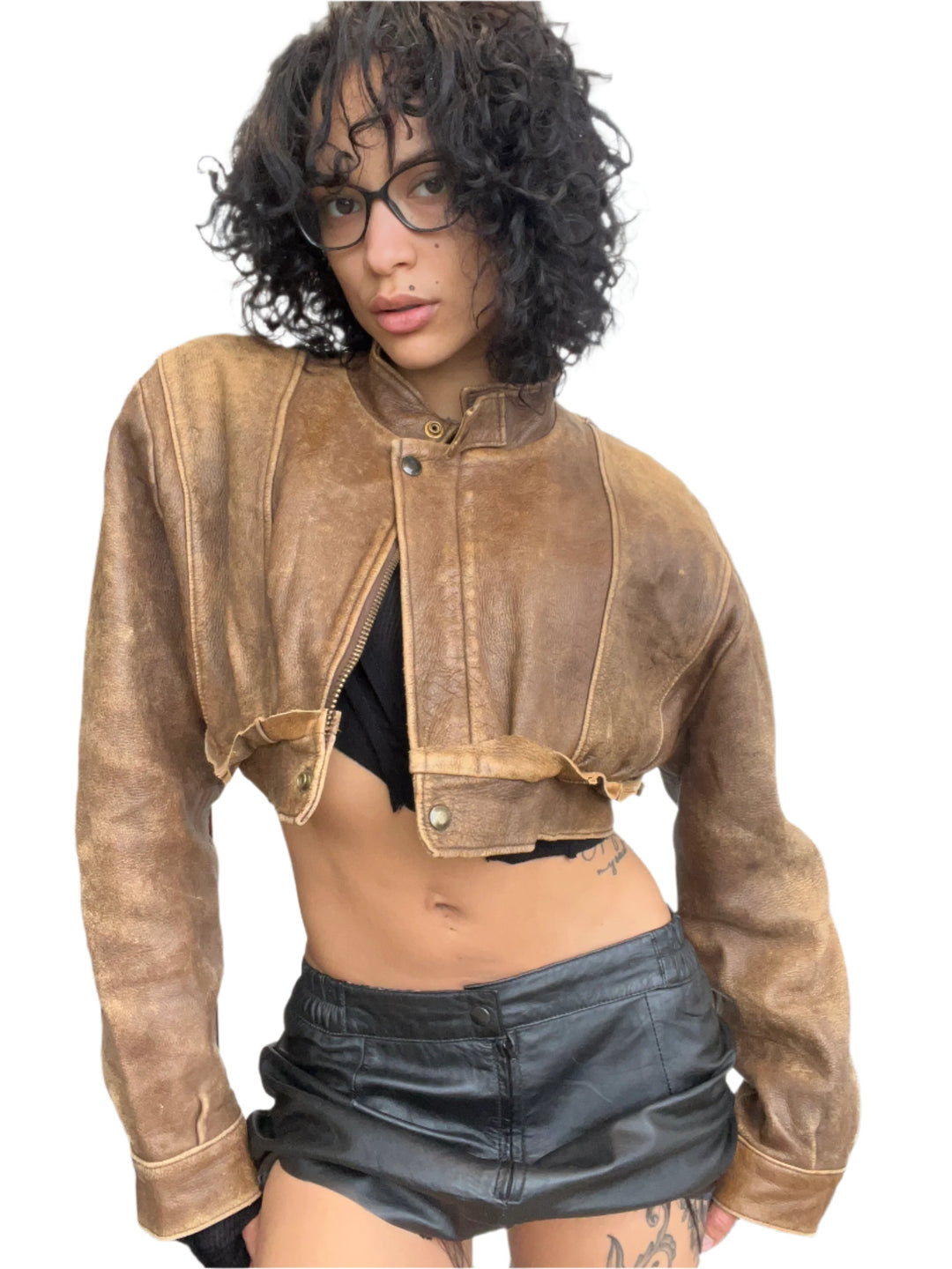 1/1 SMV CROPPED COLLARED V CUT JACKET IN BROWN LEATHER