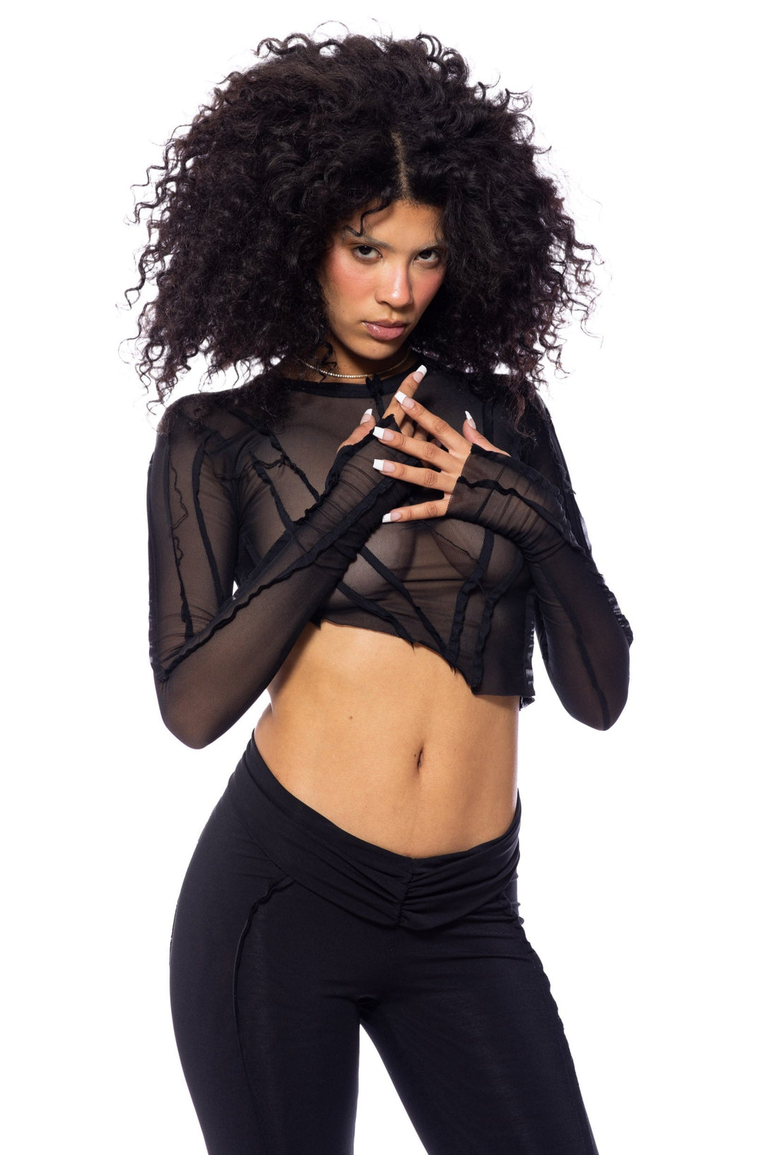 ASYMMETRIC LONG SLEEVE TEE IN BLACK ECO MESH