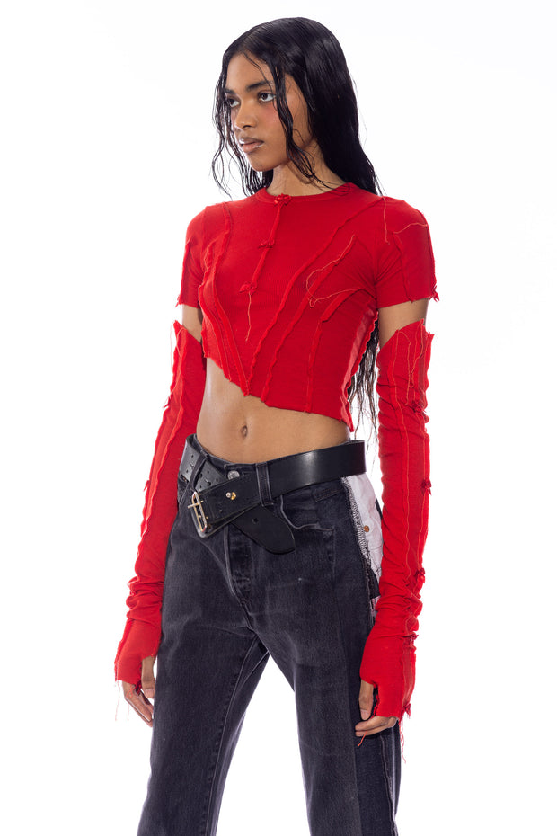 OPEN SEAM BOW ARM WARMERS IN RED RIB