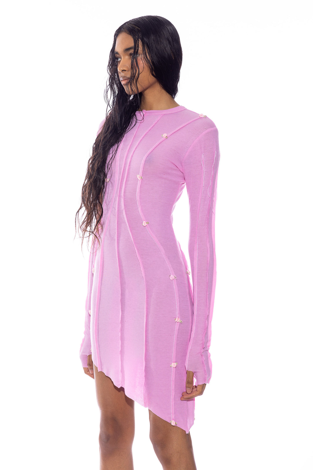 ASYMMETRIC ROSE DRESS IN PINK RIB