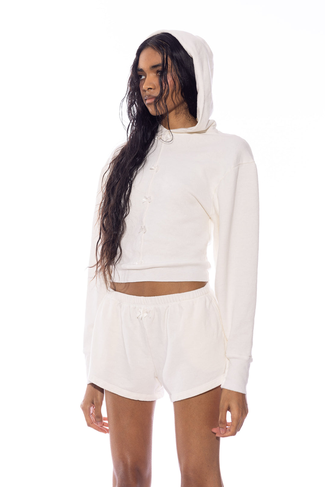 MINI BOW HOODIE IN WHITE TERRY