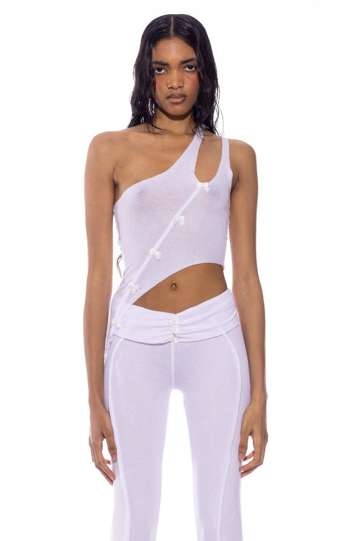 Sami Miro Vintage - Asymmetric One Shoulder Tank in White Rib