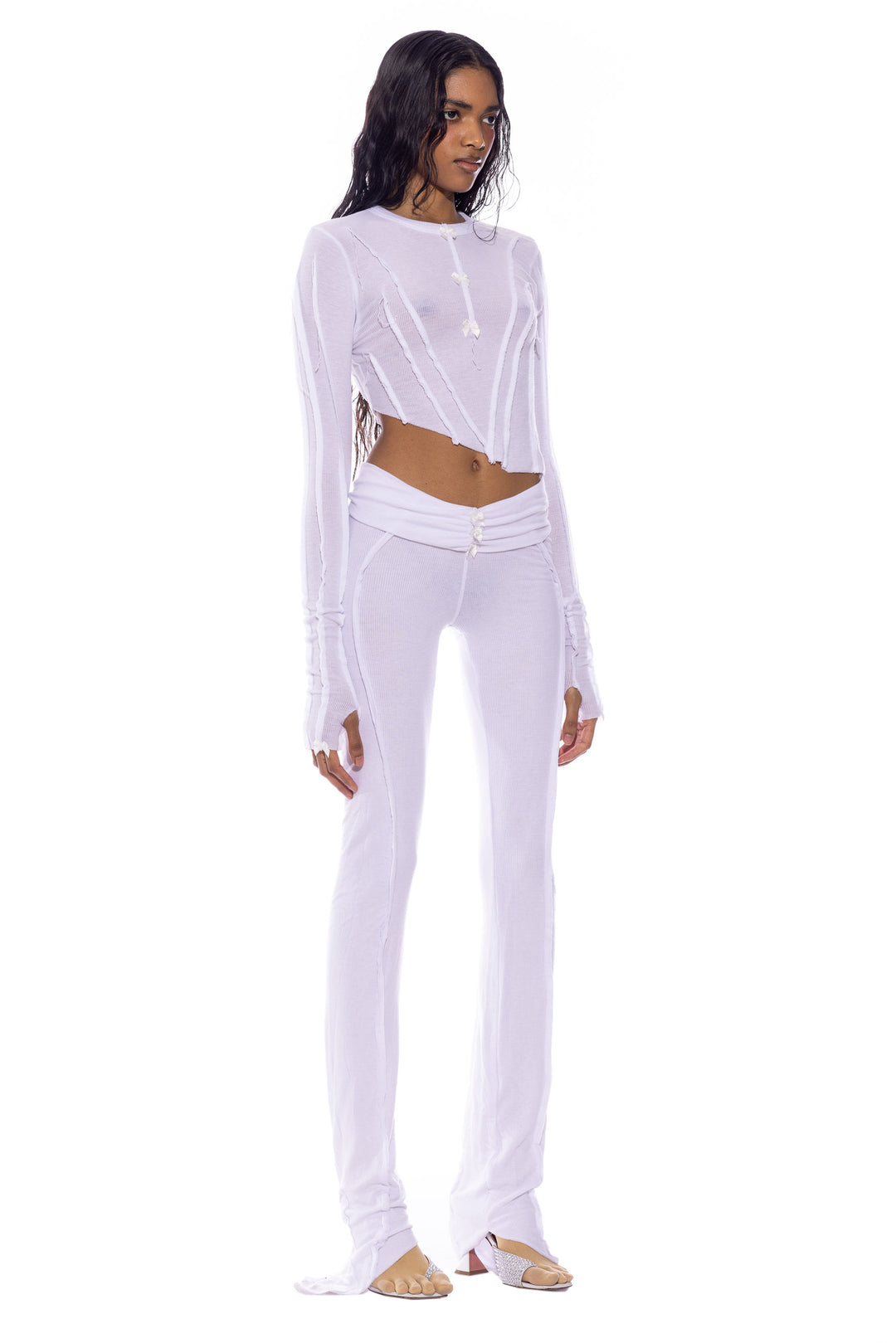 ASYMMETRIC LONG SLEEVE BOW TEE IN WHITE RIB