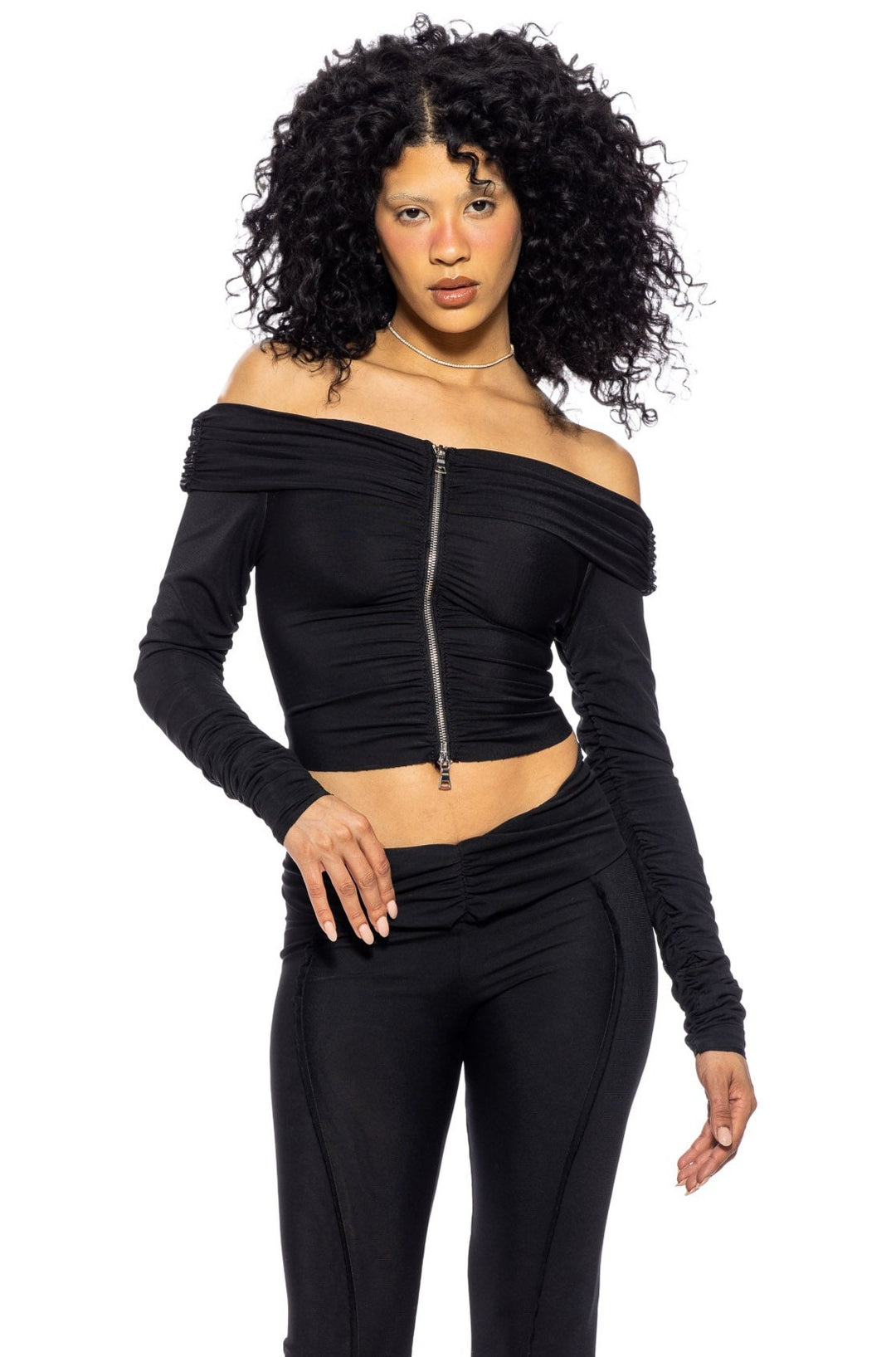 FOLD OVER ZIP CARDIGAN IN BLACK ECO MESH