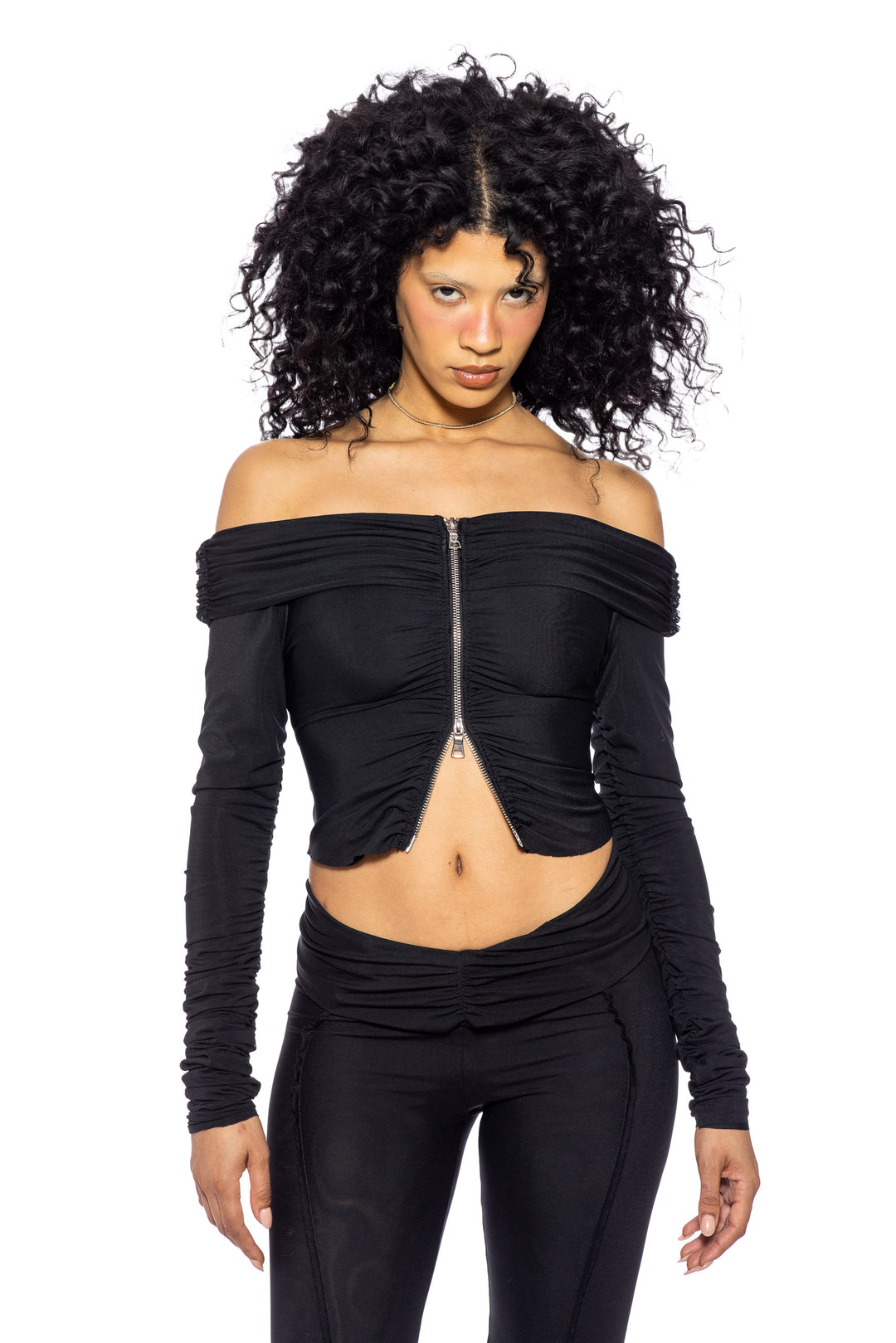 FOLD OVER ZIP CARDIGAN IN BLACK ECO MESH