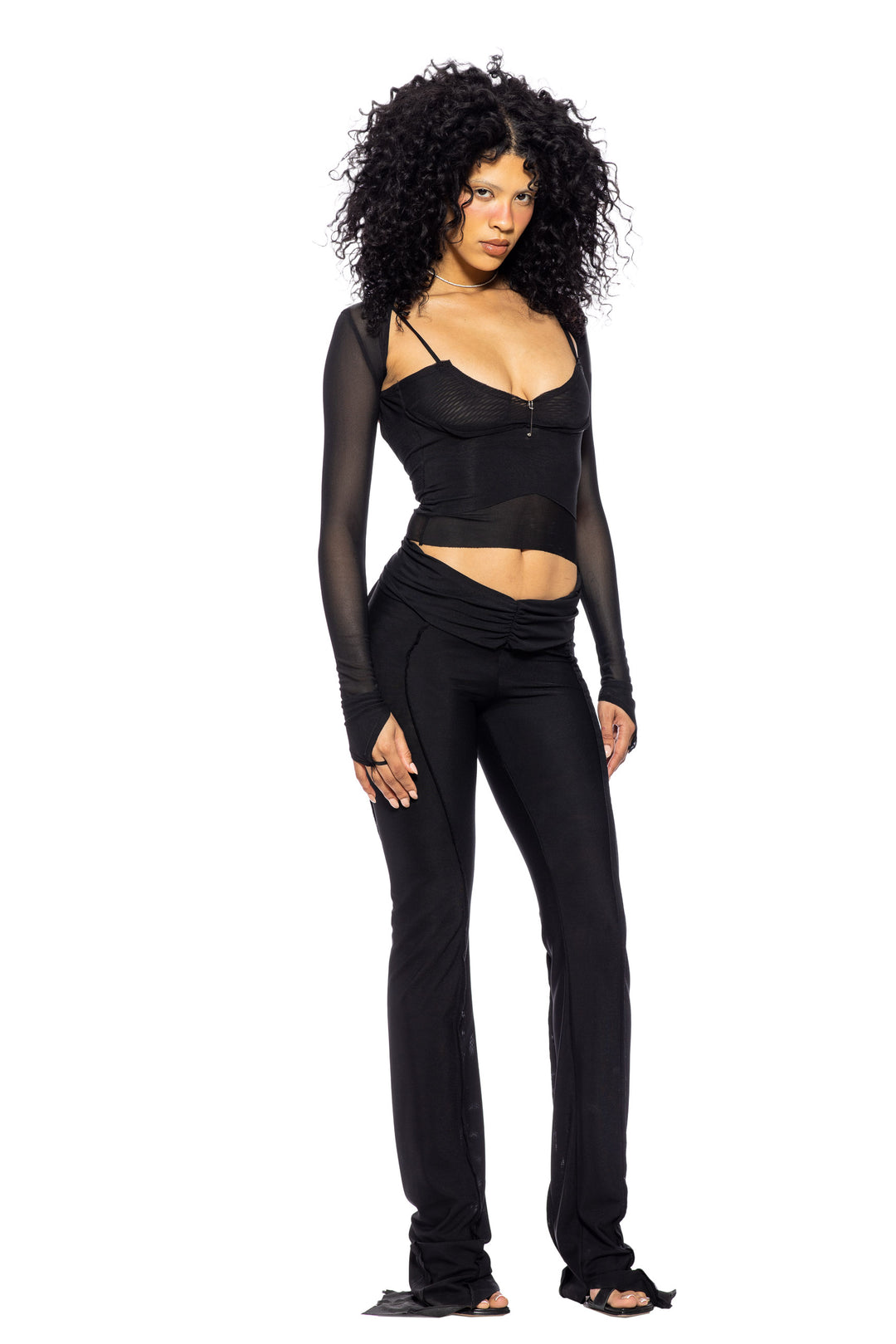 V CUT SHRUG IN BLACK ECO MESH