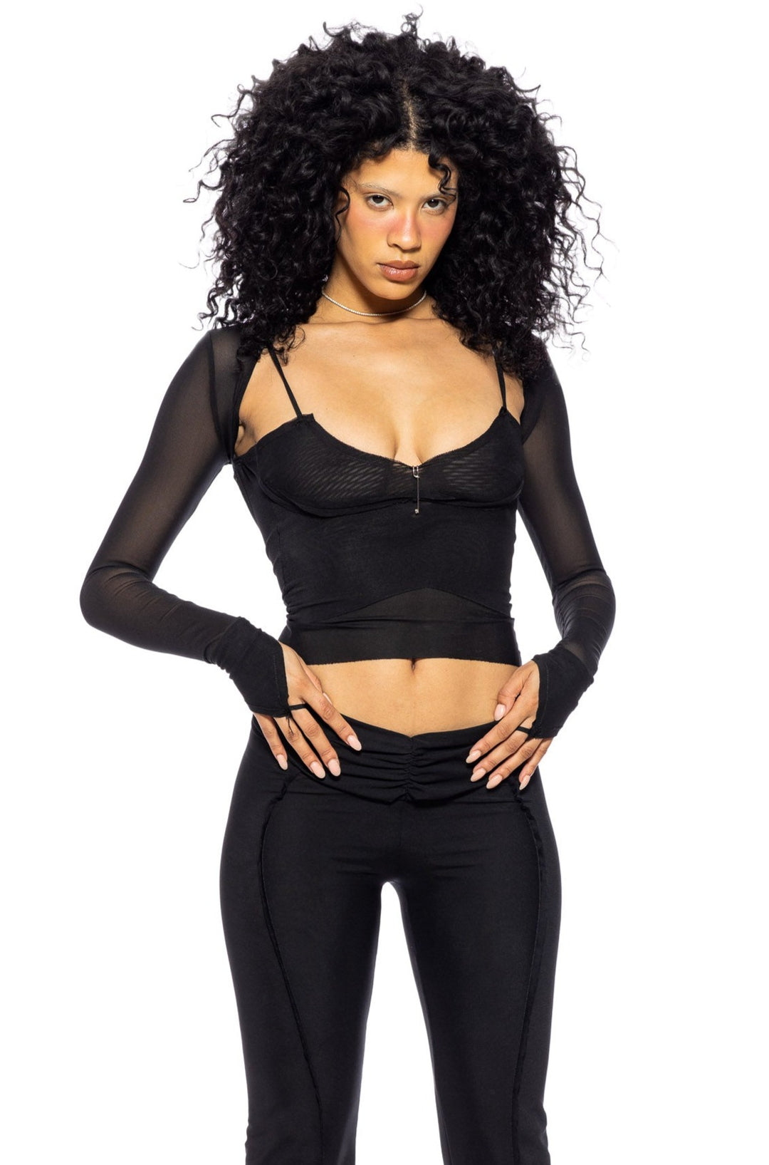 V CUT SHRUG IN BLACK ECO MESH