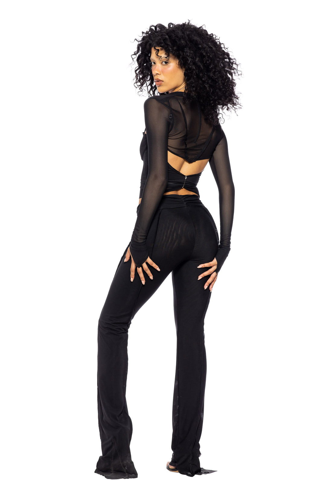 V CUT SHRUG IN BLACK ECO MESH