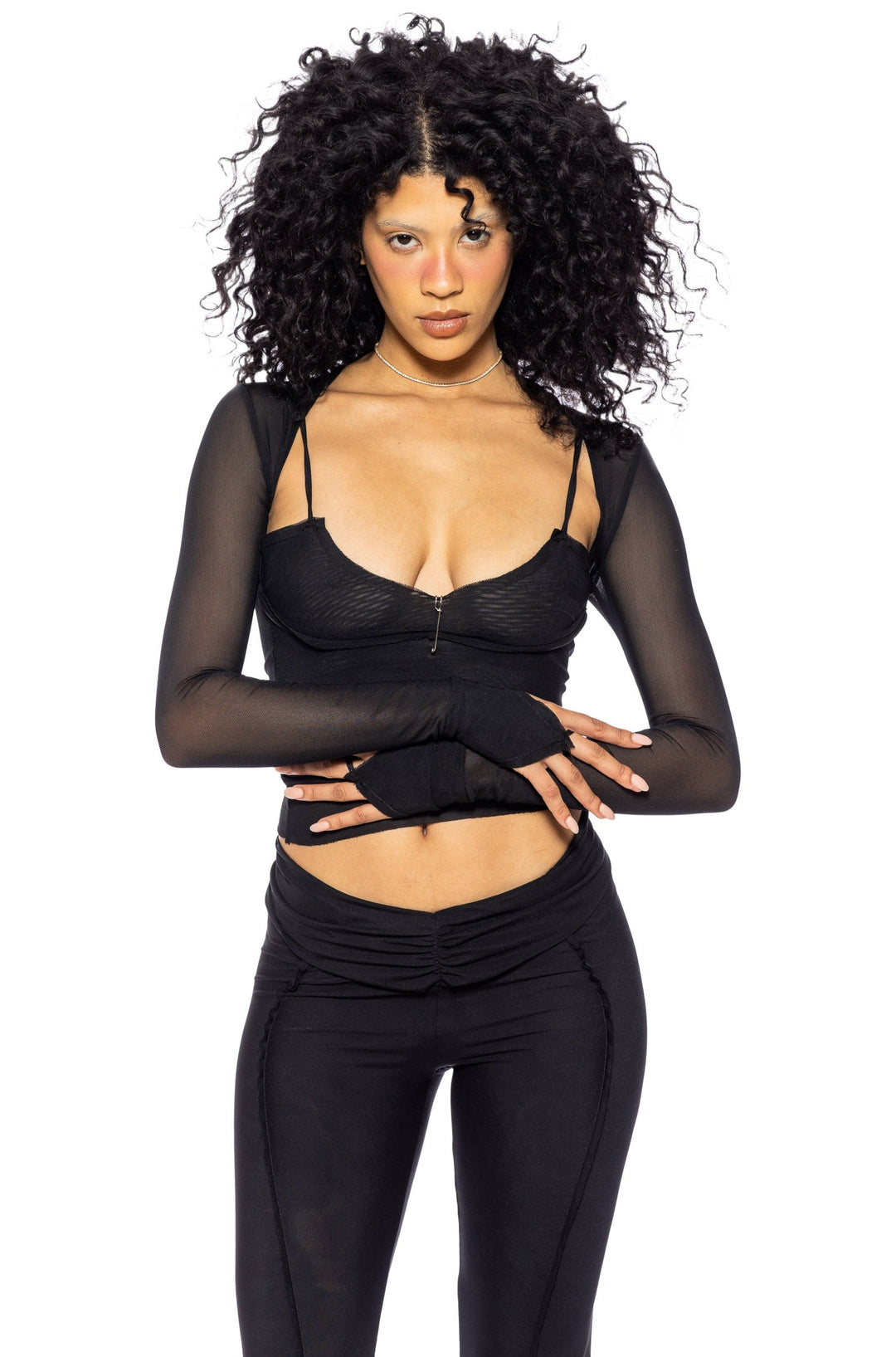 V CUT SHRUG IN BLACK ECO MESH