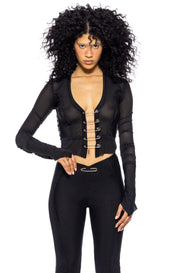 SAFETY PIN CARDIGAN IN BLACK ECO MESH