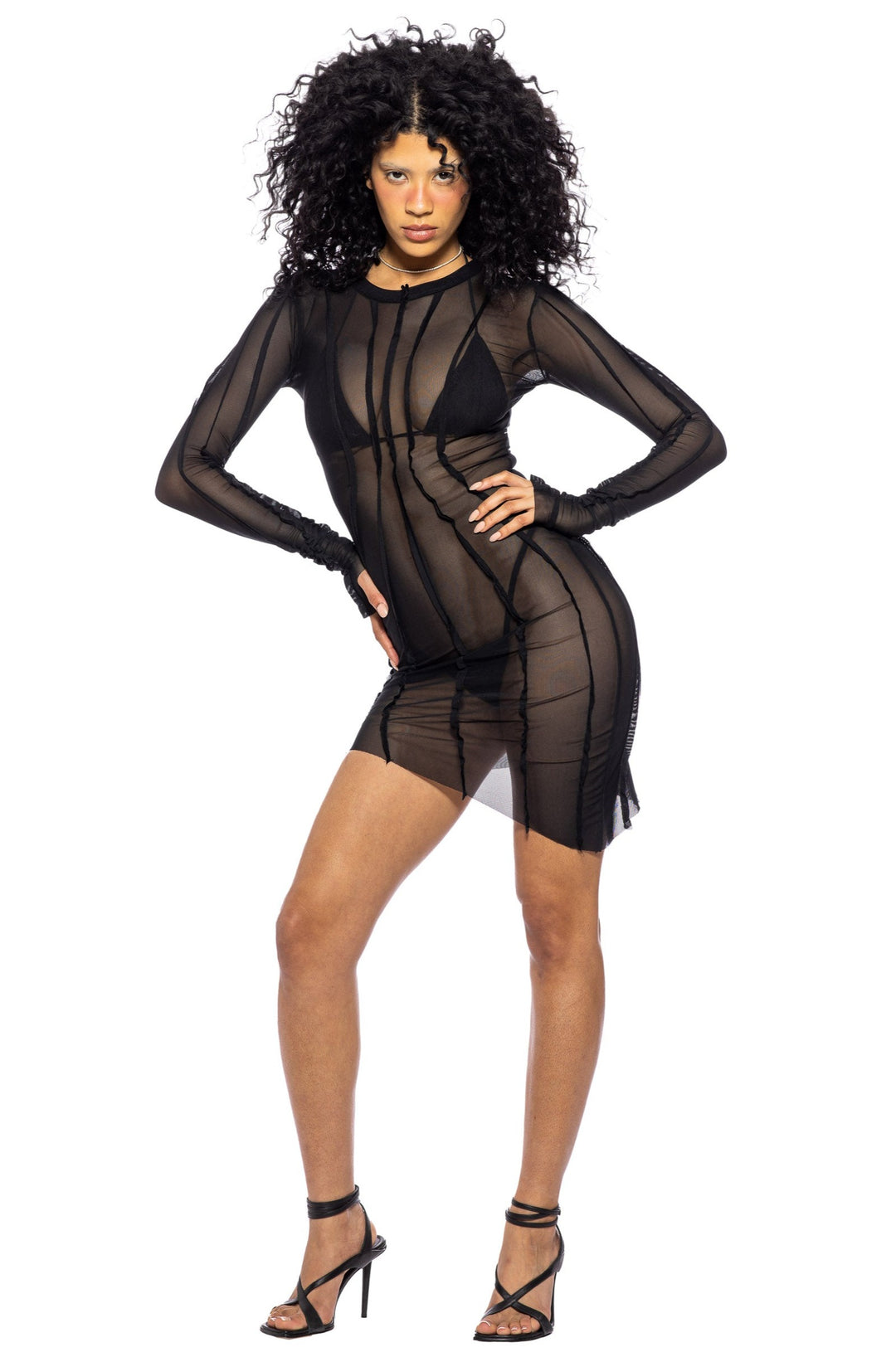 ASYMMETRIC LONG SLEEVE MINI DRESS IN BLACK ECO MESH