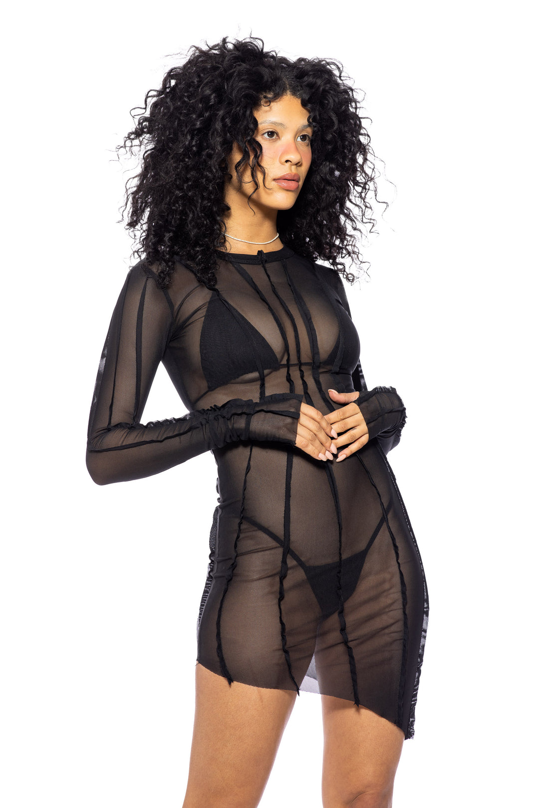 ASYMMETRIC LONG SLEEVE MINI DRESS IN BLACK ECO MESH