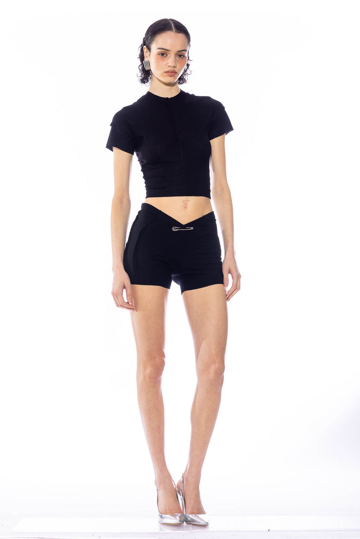 OPEN SEAM MINI SHORT IN BLACK RIB