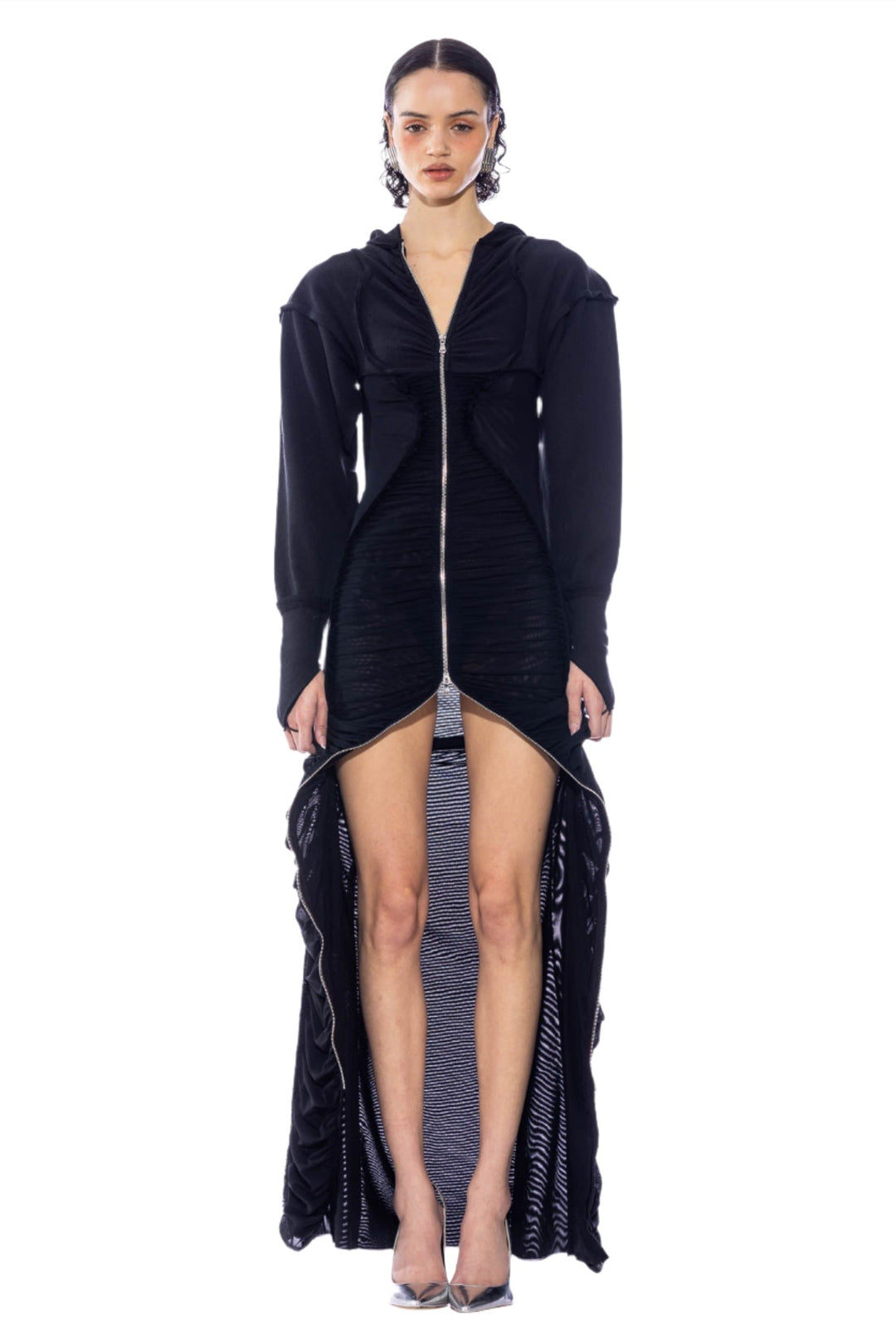 OPEN SEAM MESH HOODIE MAXI DRESS IN BLACK