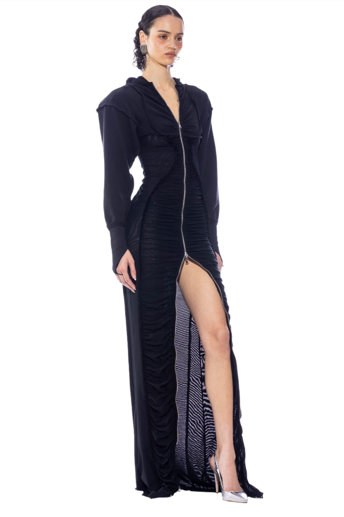 Sami Miro Vintage - OPEN SEAM MESH HOODIE DRESS MAXI IN BLACK