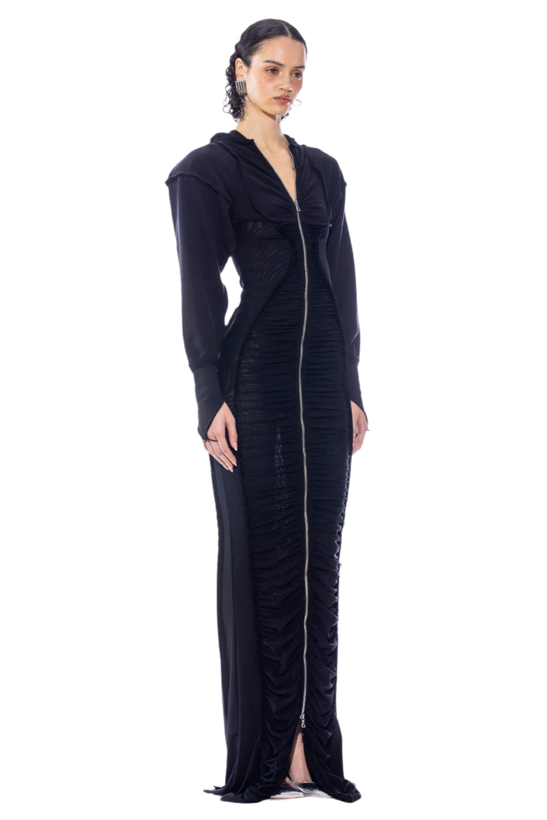 OPEN SEAM MESH HOODIE MAXI DRESS IN BLACK