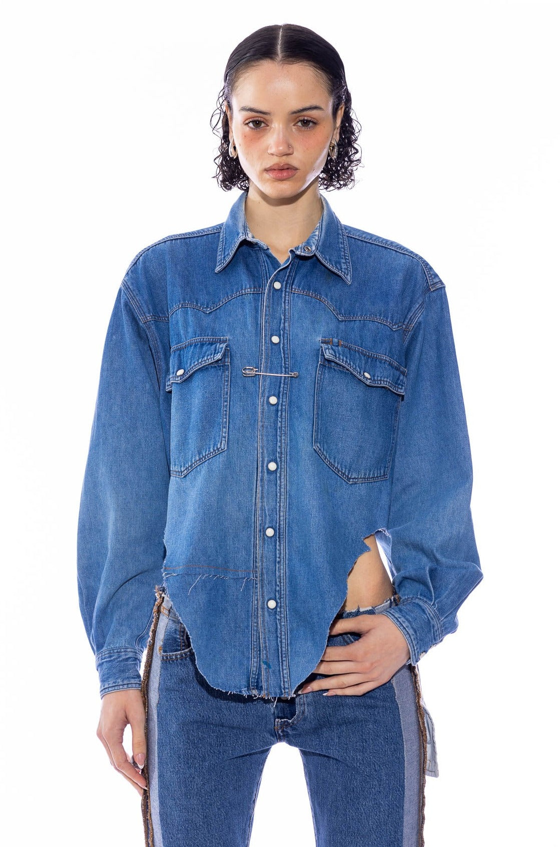Sami Miro Vintage - V CUT SAFETY PIN BLOUSE IN VINTAGE DENIM