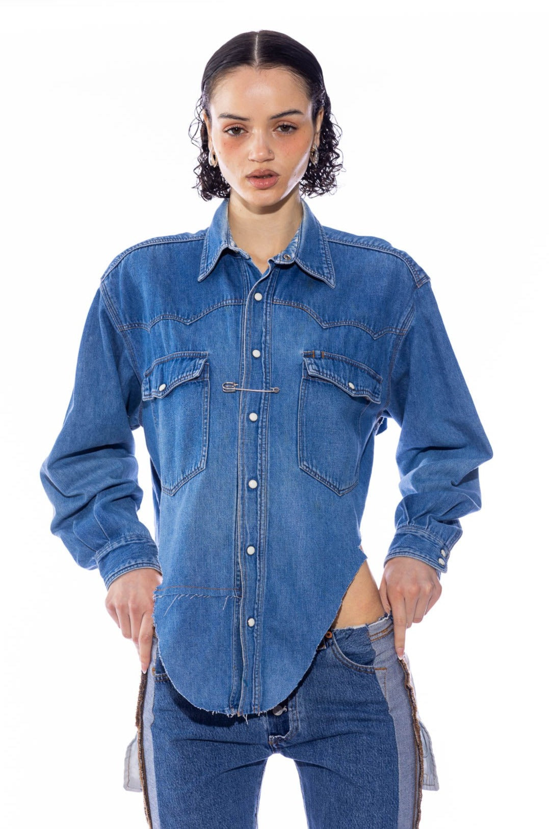 V CUT SAFETY PIN BLOUSE IN VINTAGE DENIM