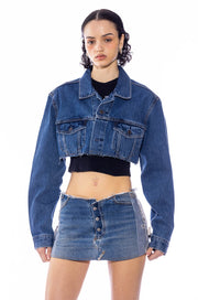 “DOING MY PART” PATCH CROPPED DENIM JACKET