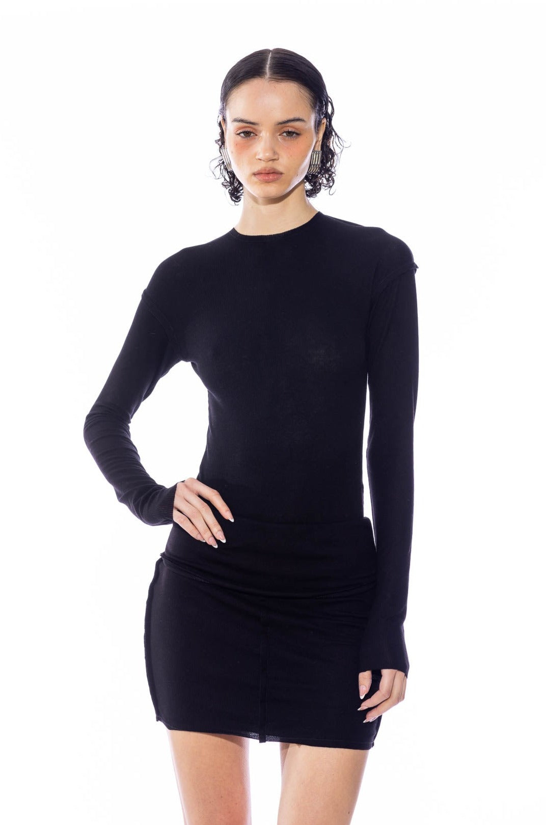 RAW CREWNECK BODYSUIT IN BLACK RIB