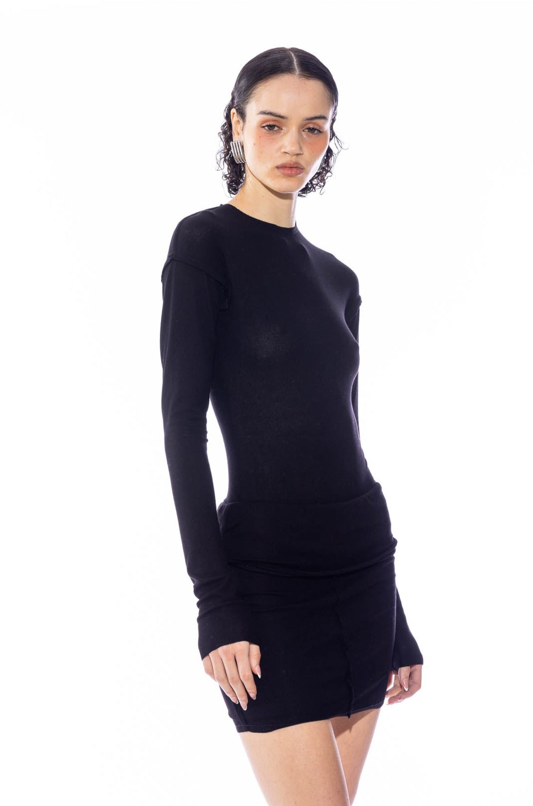 RAW CREWNECK BODYSUIT IN BLACK RIB